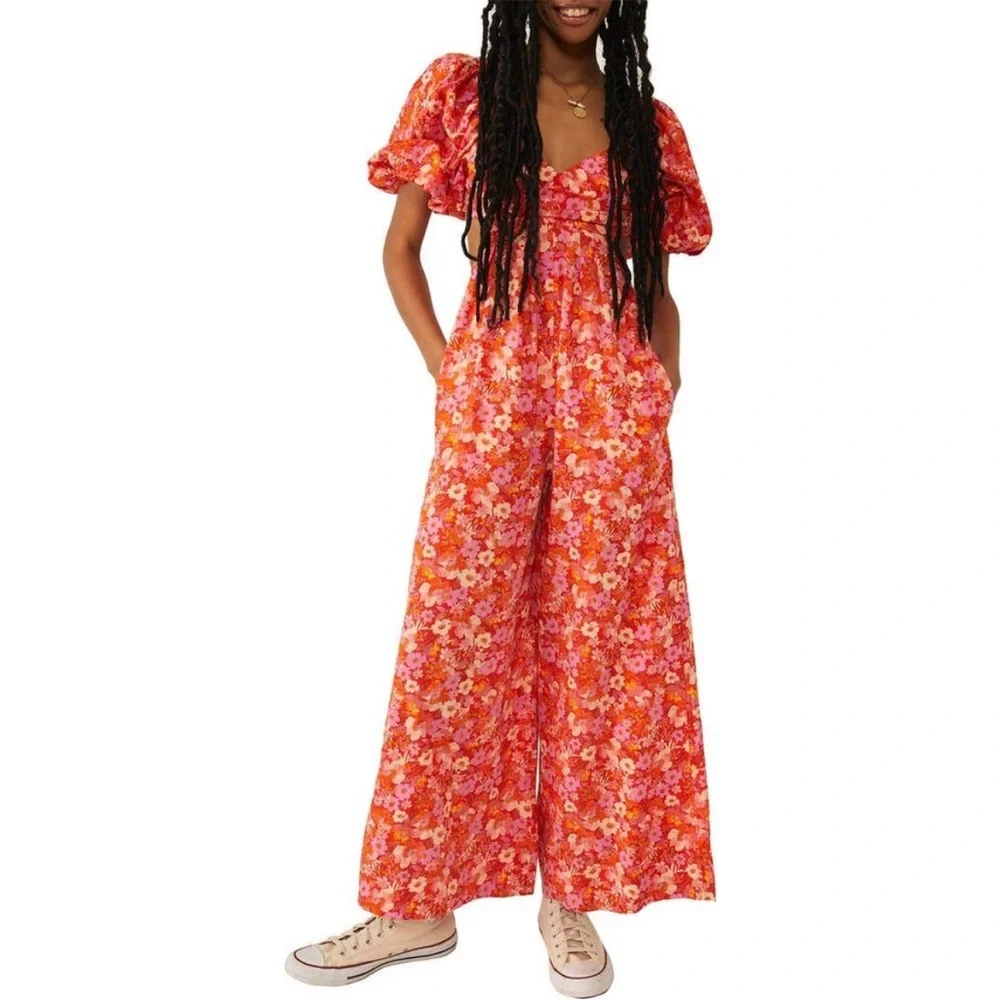 Free People 100% Cotton Bright Pink Puff Sleeve Wide Leg Jumpsuit Size Small
